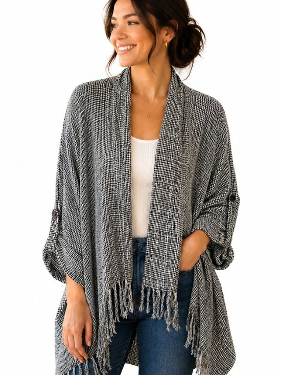 Source Unknown Jackets & Blazers - Plaid Black White Waterfall Fringe Front Jacket Role Tab Sleeves Size L GUC